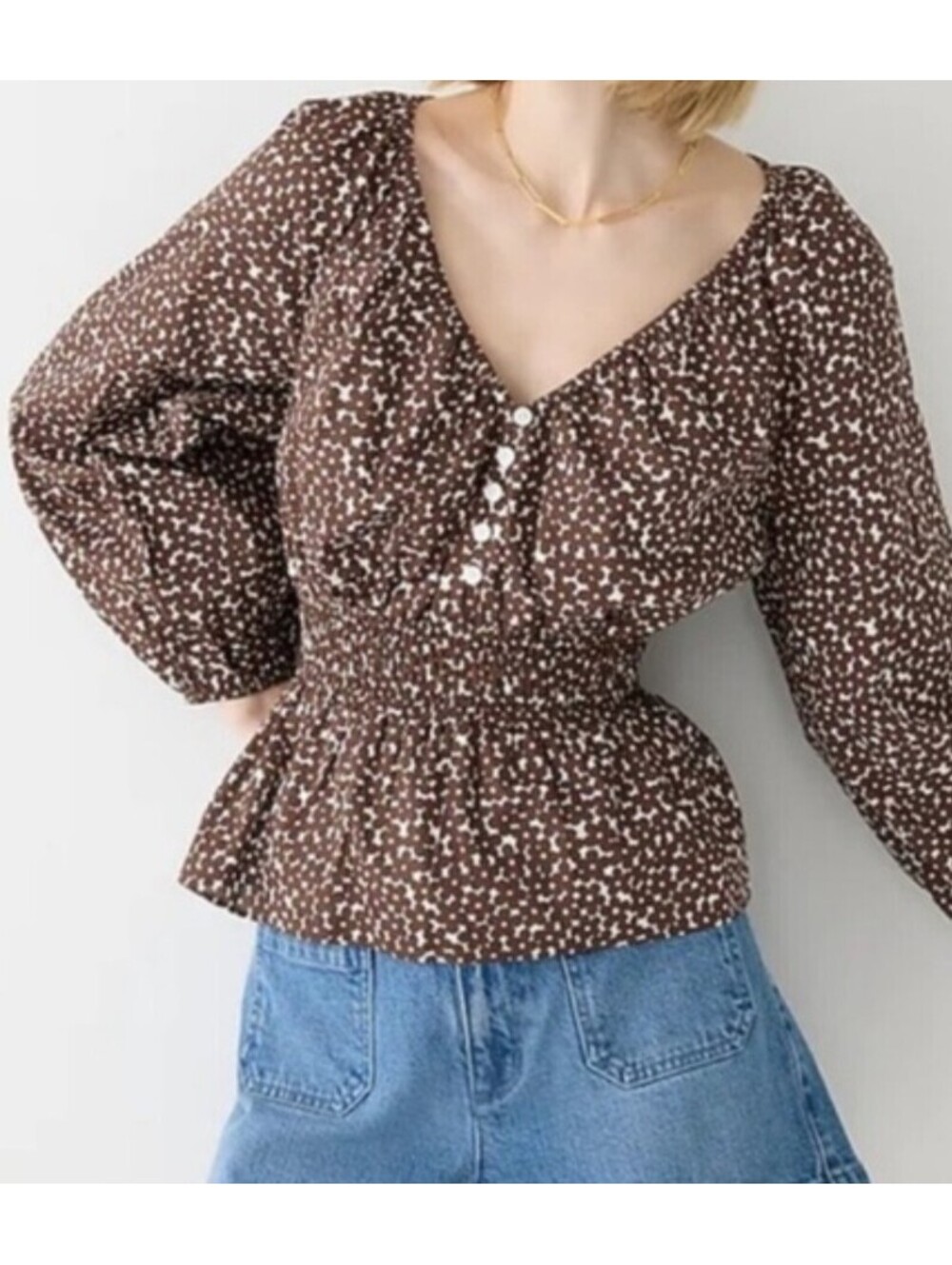 J CREW brown cream floral long sleeve blouse sz S